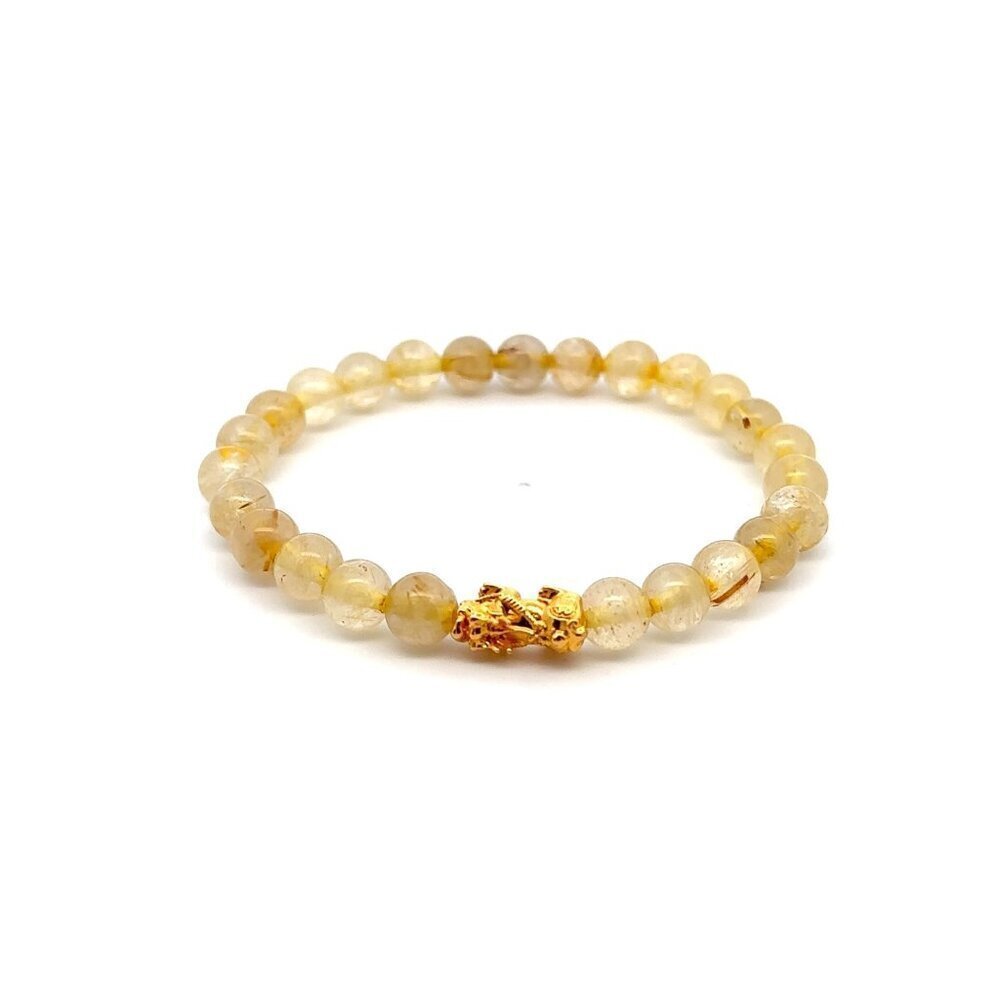 18K Gold Dragon Pixiu Piyao Lucky Charm Bracelet Gemstones Rutilated Quartz 6mm